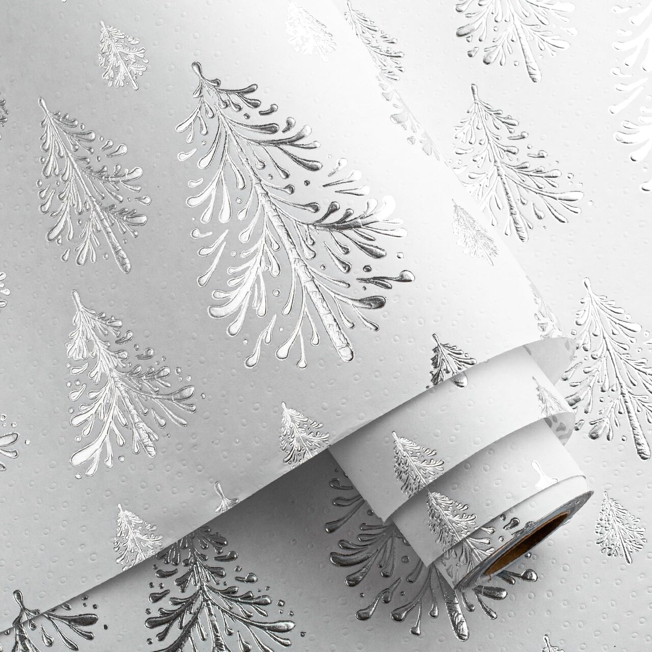 Kraft Christmas Wrapping Paper,Silver Gold 3D Embossed Foil Christmas Tree with Woodlands Wrap Paper for Holiday, Party,Celebration, New Year (17 Inch X 32.8 Feet)